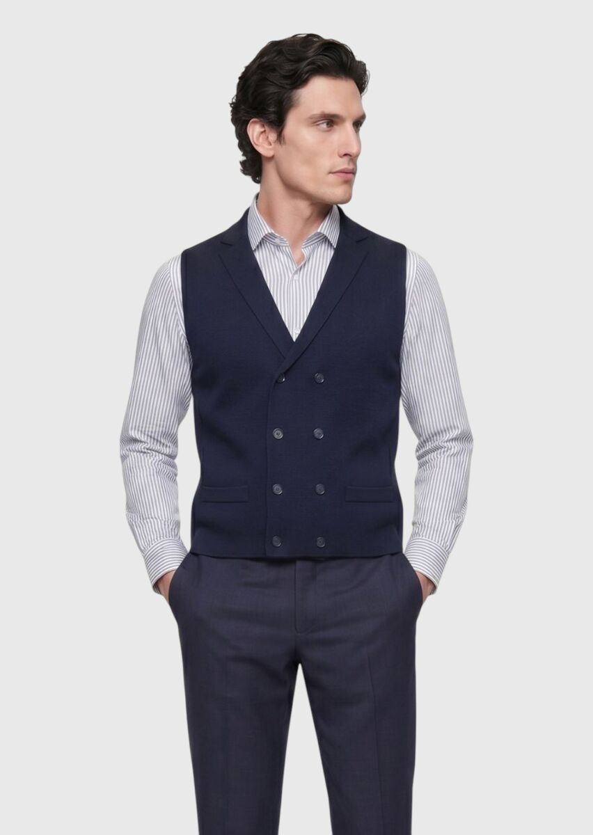 Lacivert Regular Fit Kelebek Yaka Casual Örme Triko Yelek - 3