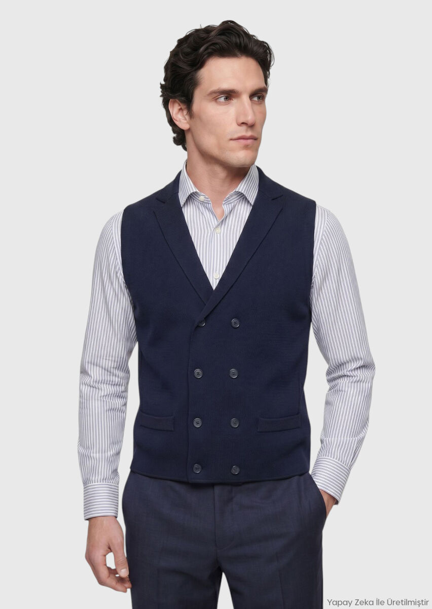 RAMSEY Lacivert Regular Fit Kelebek Yaka Casual Örme Triko Yelek