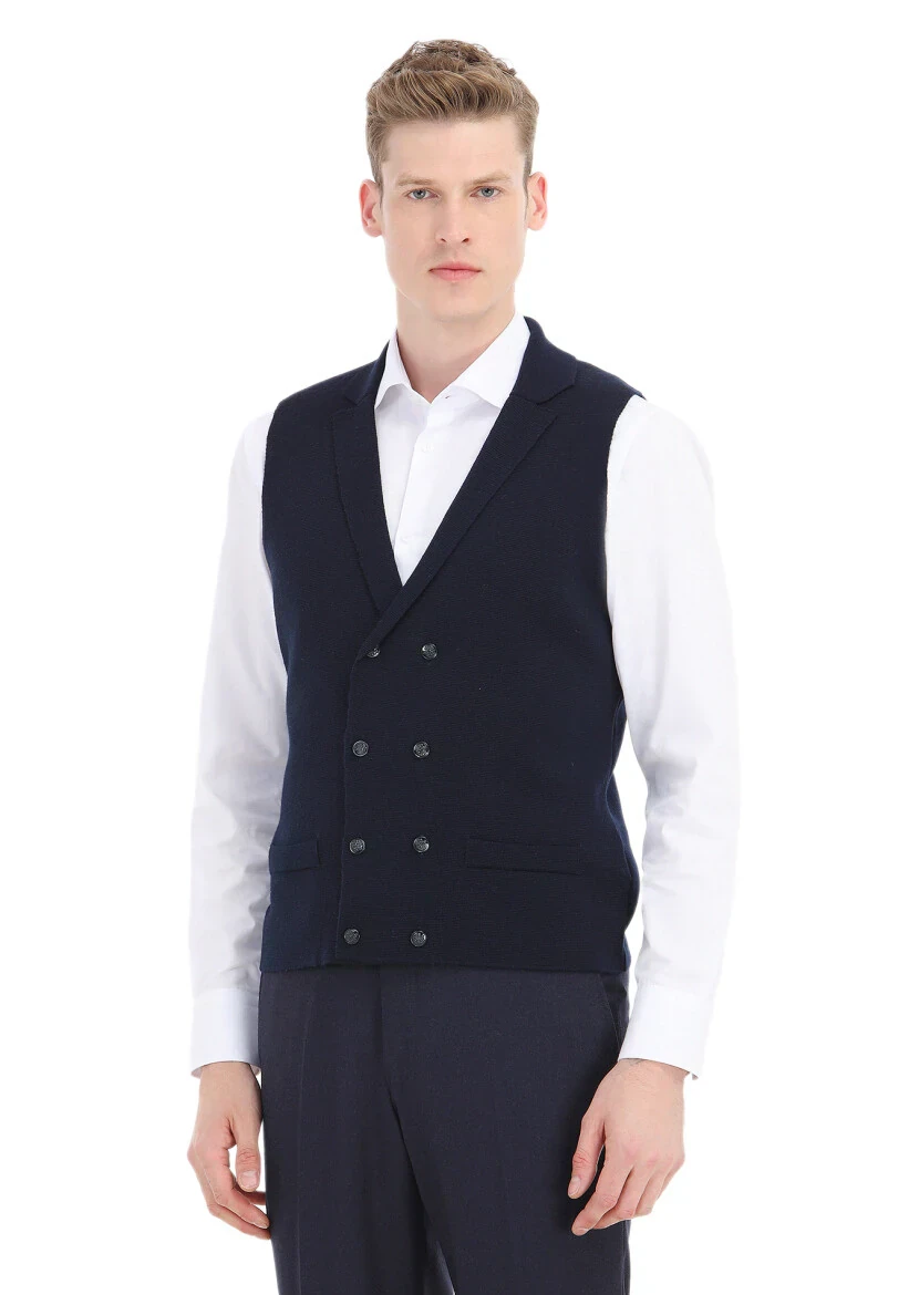 Lacivert Regular Fit Kelebek Yaka Casual Örme Triko Yelek - 1