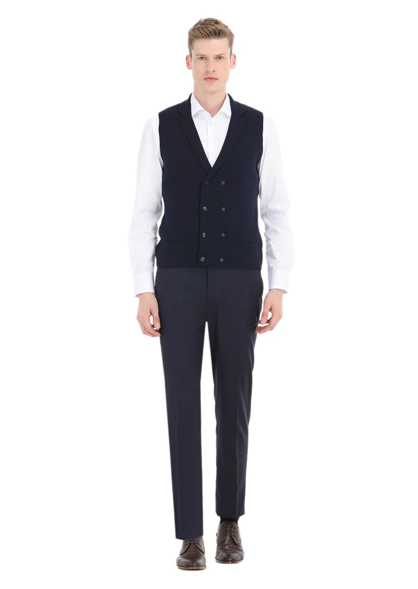 Lacivert Regular Fit Kelebek Yaka Casual Örme Triko Yelek - 2