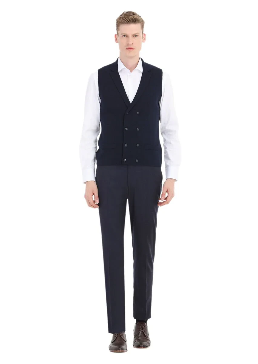 Lacivert Regular Fit Kelebek Yaka Casual Örme Triko Yelek - 2