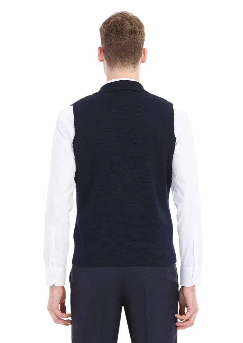 Lacivert Regular Fit Kelebek Yaka Casual Örme Triko Yelek - 4