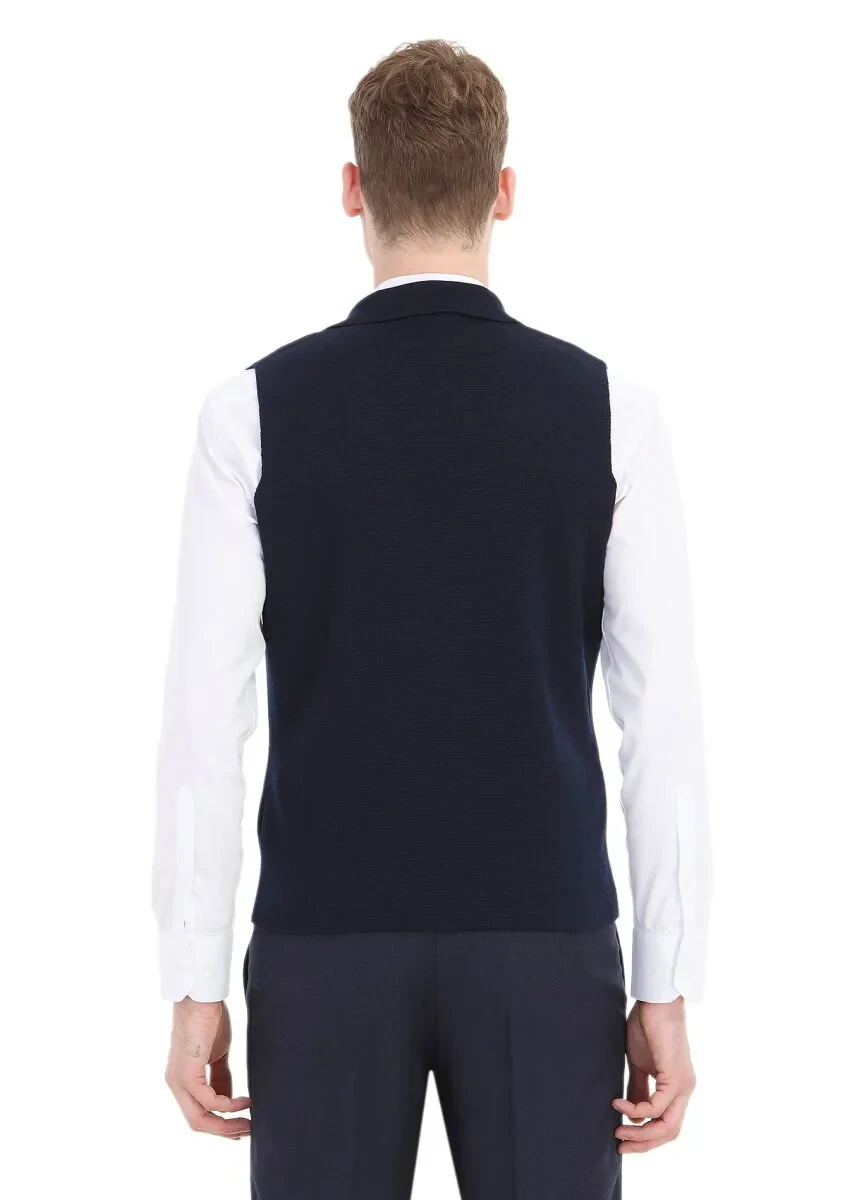Lacivert Regular Fit Kelebek Yaka Casual Örme Triko Yelek - 4