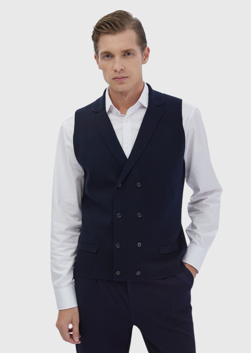 Lacivert Regular Fit Kelebek Yaka Casual Örme Triko Yelek - 1