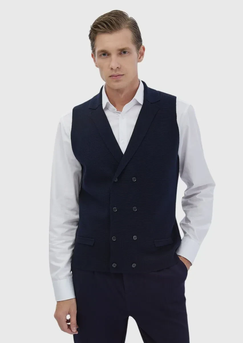 Lacivert Regular Fit Kelebek Yaka Casual Örme Triko Yelek - 1