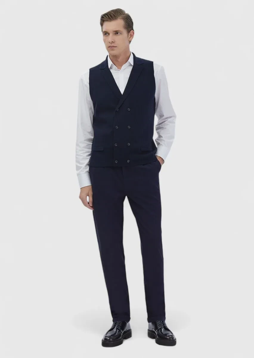 Lacivert Regular Fit Kelebek Yaka Casual Örme Triko Yelek - 2