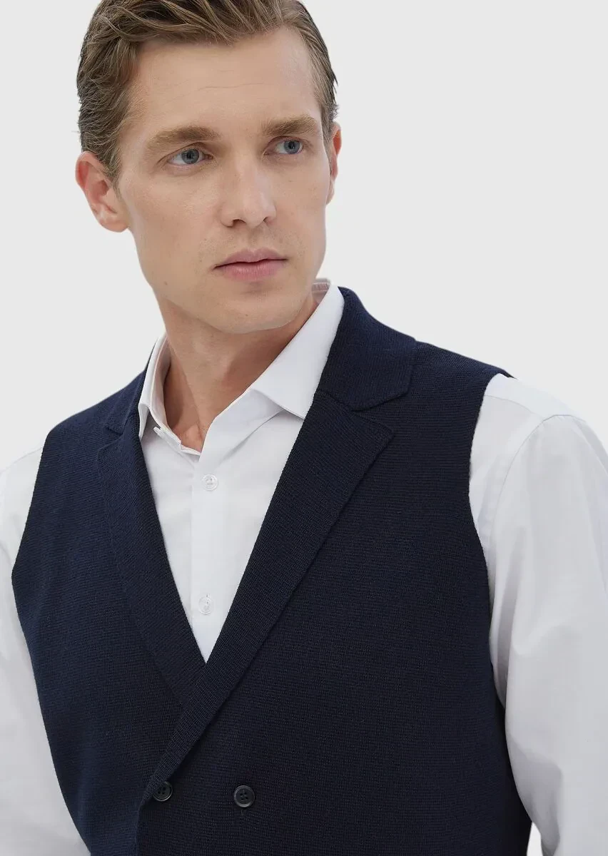 Lacivert Regular Fit Kelebek Yaka Casual Örme Triko Yelek - 3
