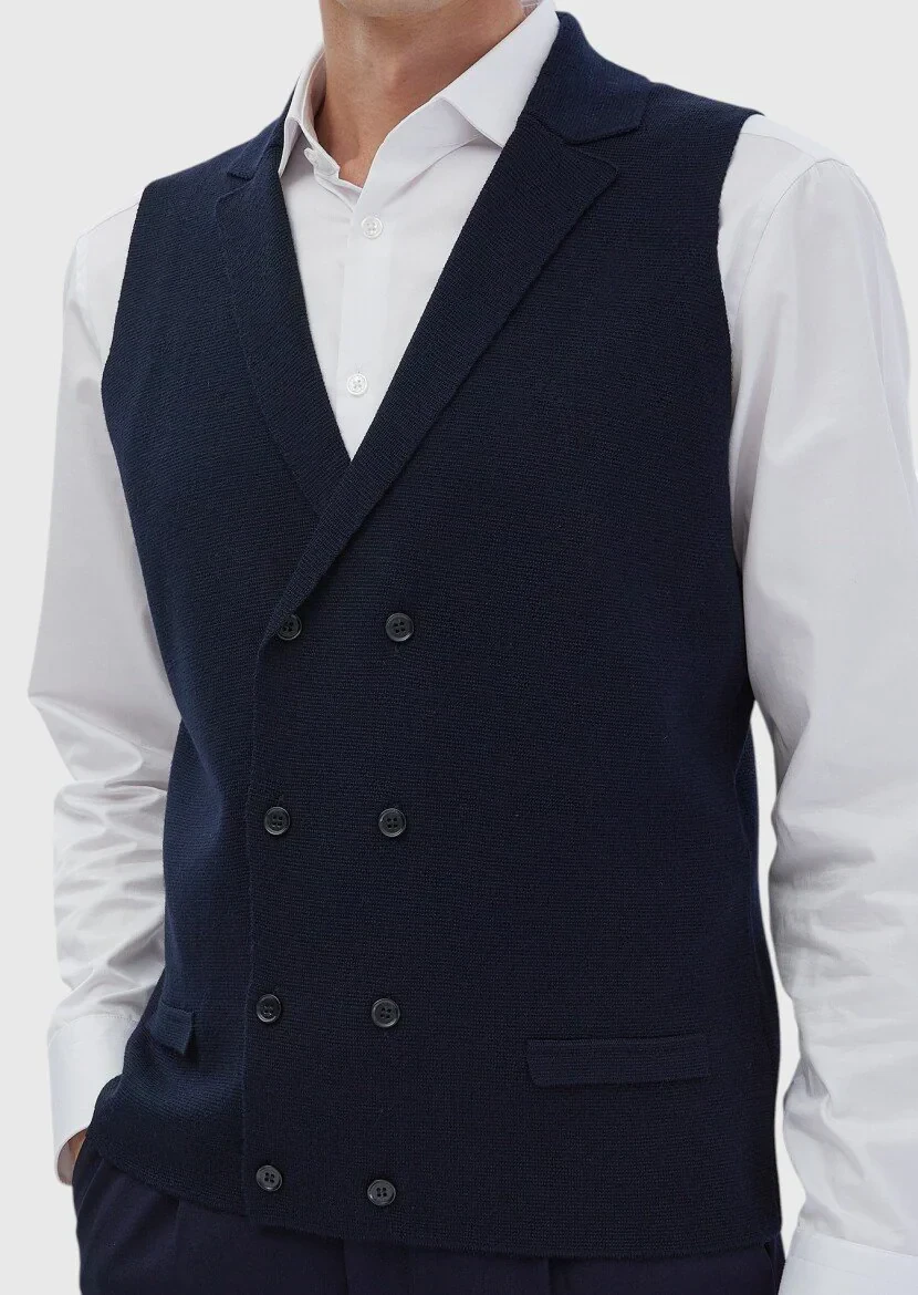 Lacivert Regular Fit Kelebek Yaka Casual Örme Triko Yelek - 4