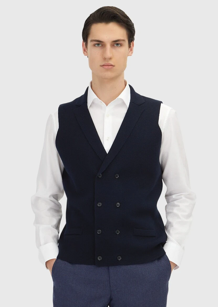 Lacivert Regular Fit Kelebek Yaka Casual Örme Triko Yelek - RAMSEY