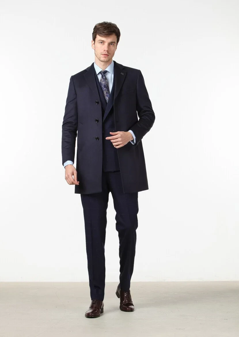 Lacivert Regular Fit Kelebek Yaka Klasik Dokuma Palto - 4