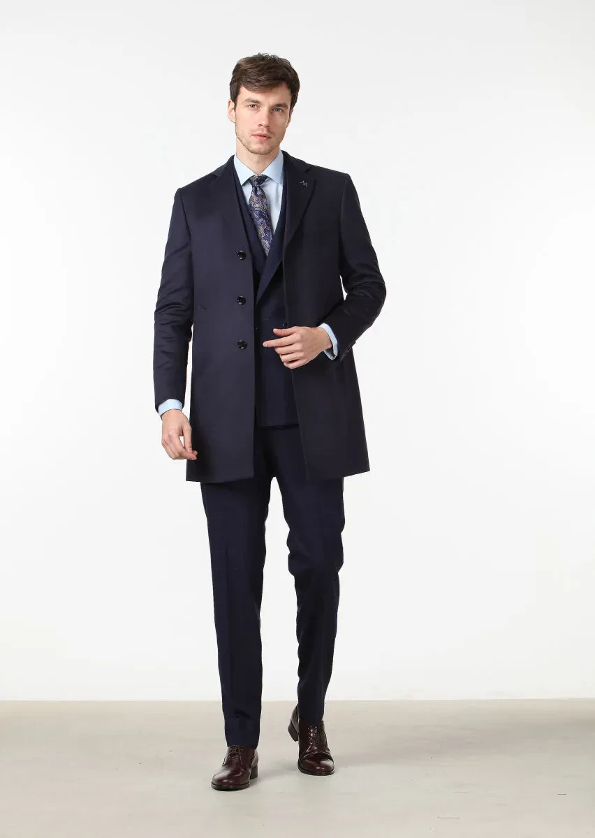 Lacivert Regular Fit Kelebek Yaka Klasik Dokuma Palto - 4