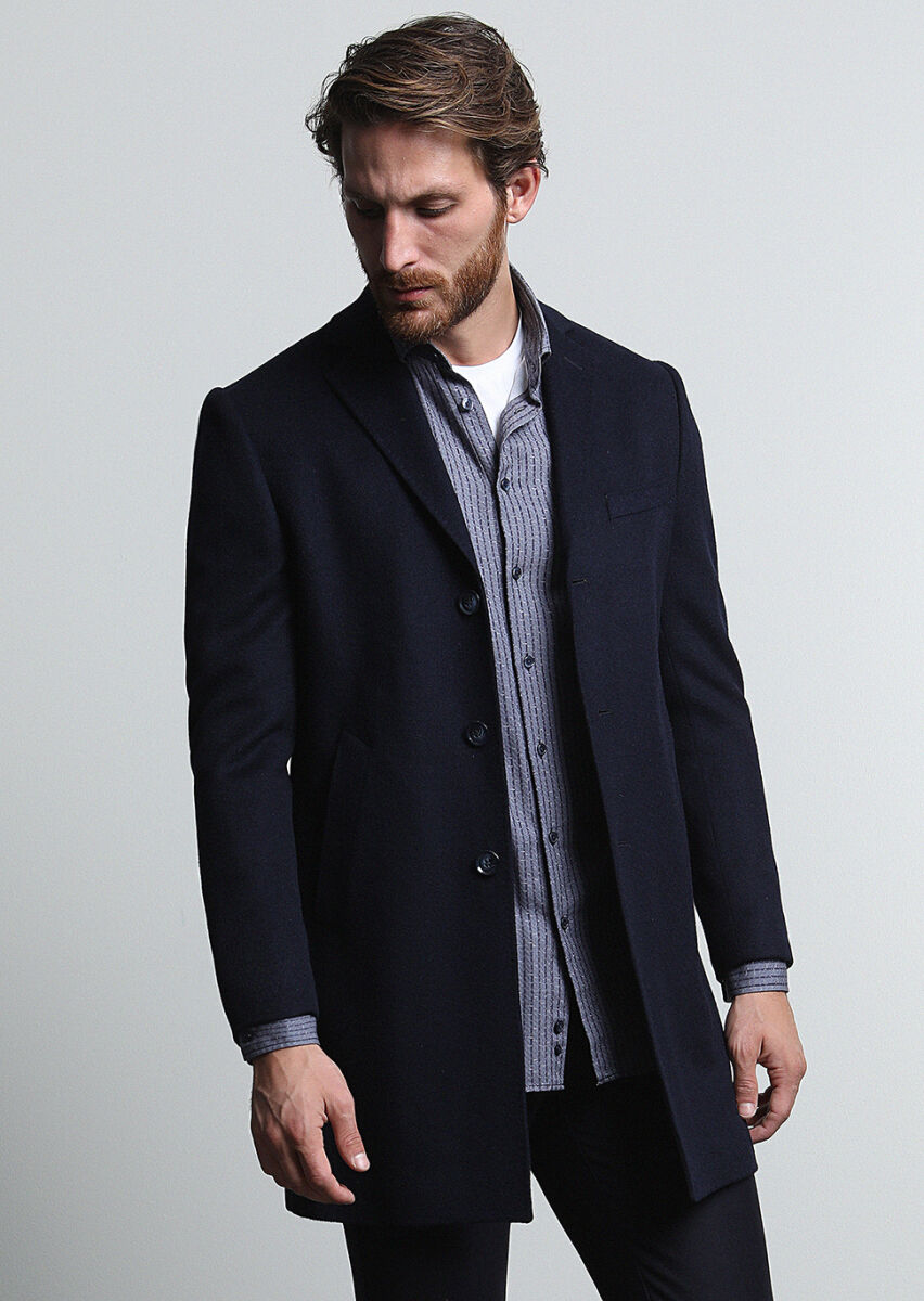 Lacivert Regular Fit Kelebek Yaka Klasik Dokuma Palto - 1
