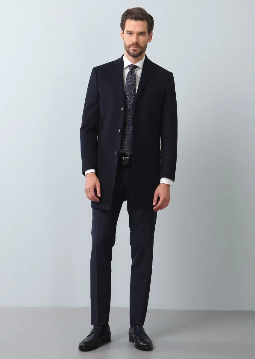 Lacivert Regular Fit Kelebek Yaka Klasik Dokuma Palto - 2