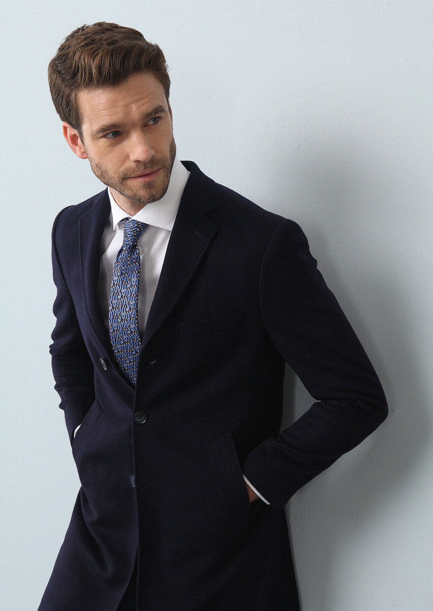 Lacivert Regular Fit Kelebek Yaka Klasik Dokuma Palto - 1