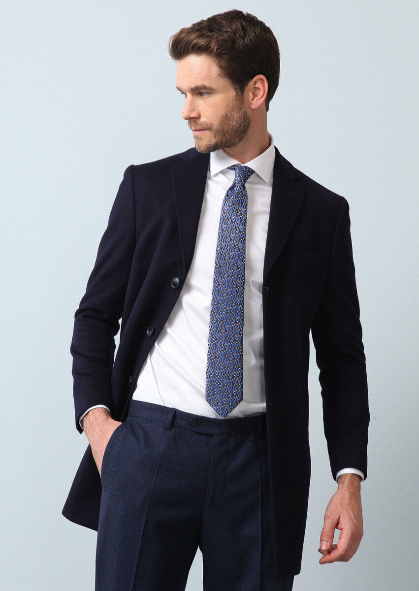 Lacivert Regular Fit Kelebek Yaka Klasik Dokuma Palto - 2