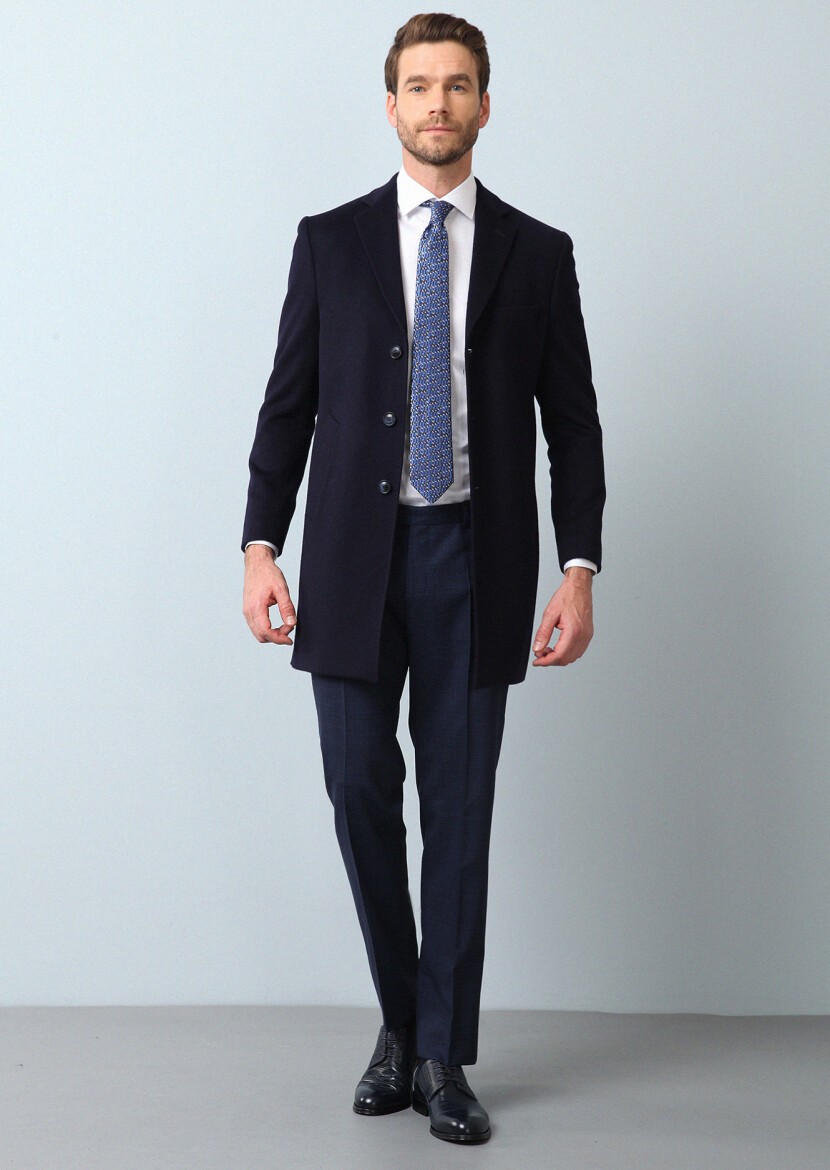 Lacivert Regular Fit Kelebek Yaka Klasik Dokuma Palto - 3