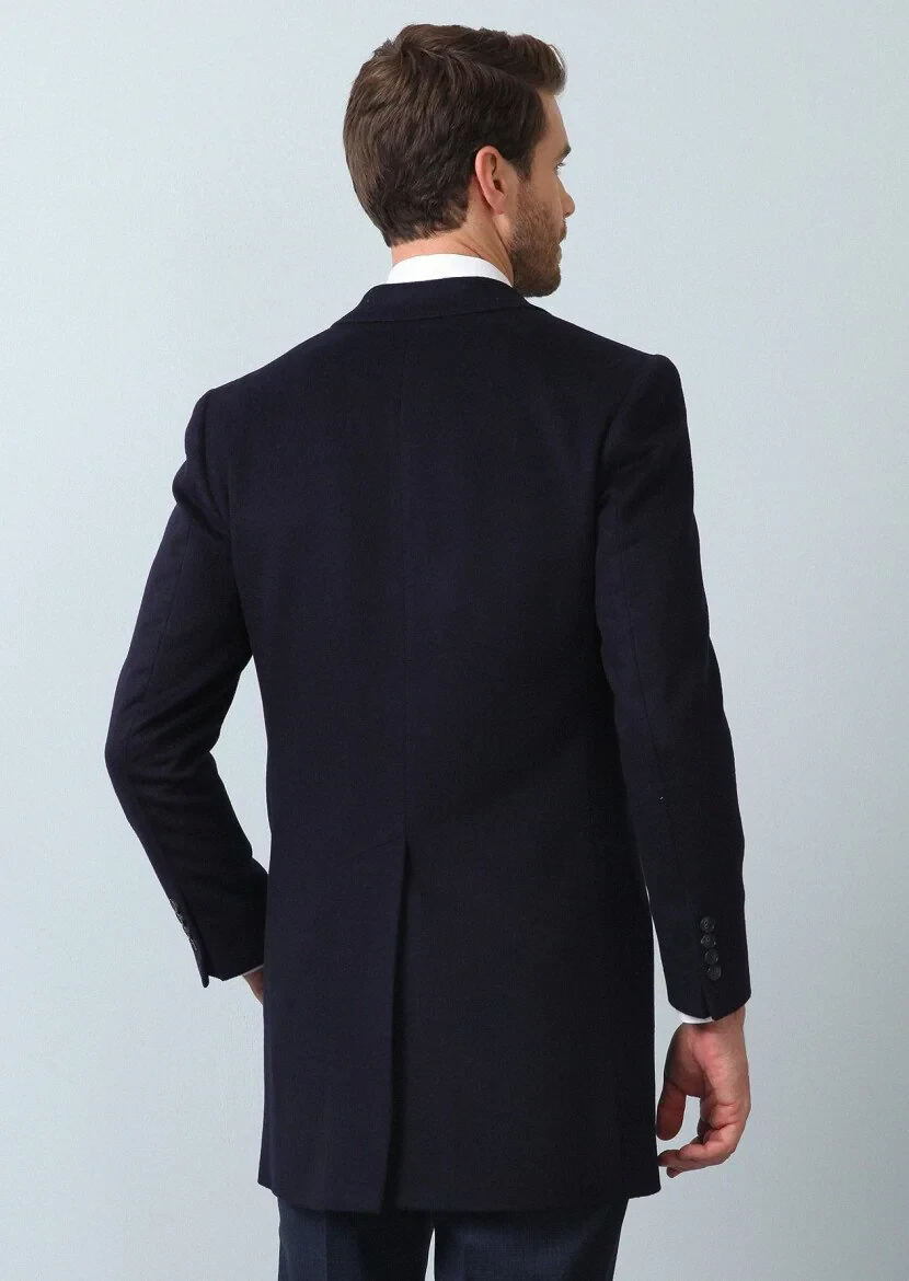 Lacivert Regular Fit Kelebek Yaka Klasik Dokuma Palto - 5