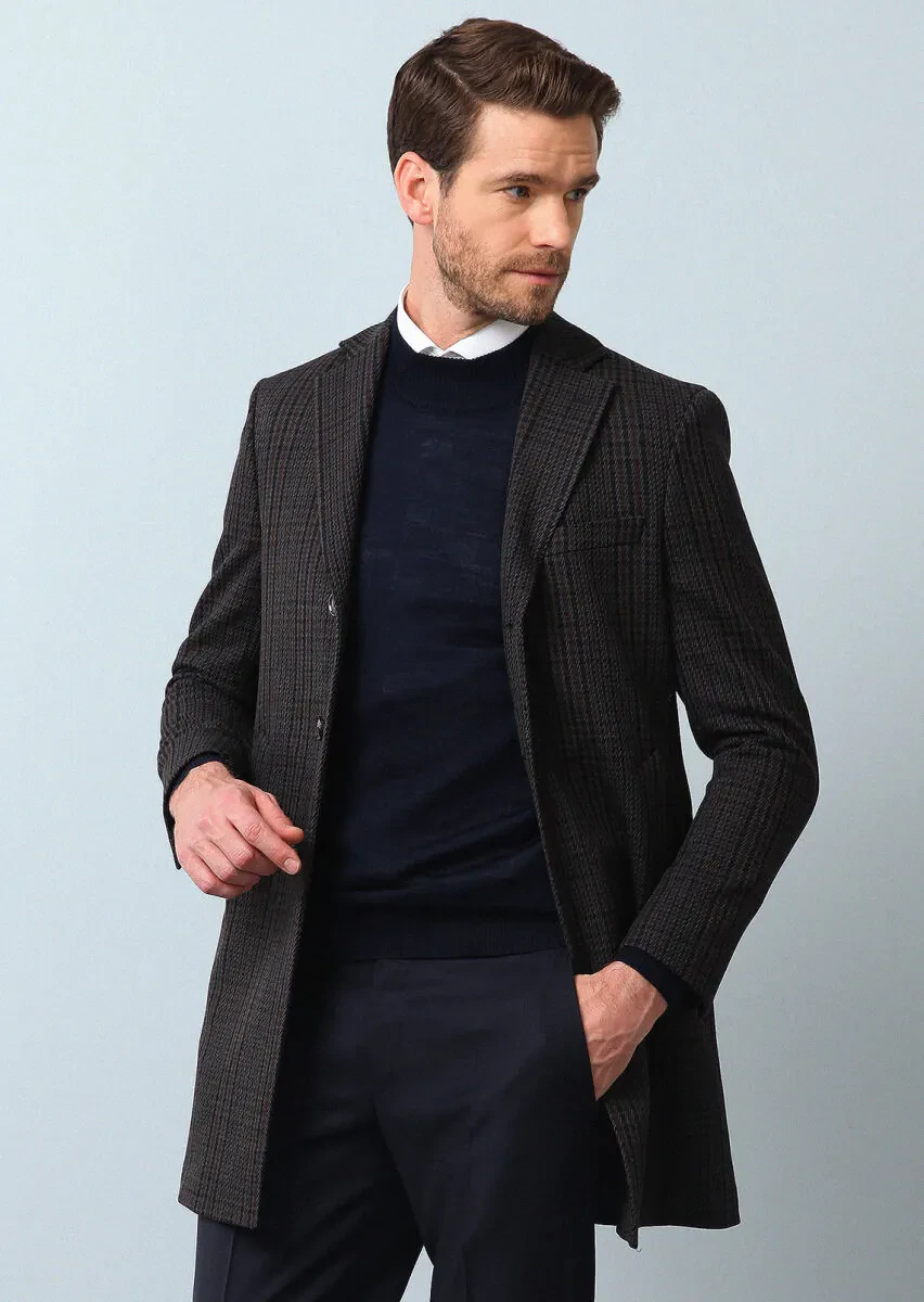 Lacivert Regular Fit Kelebek Yaka Klasik Dokuma Palto - 1