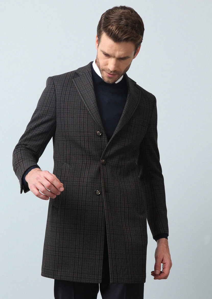 Lacivert Regular Fit Kelebek Yaka Klasik Dokuma Palto - 3