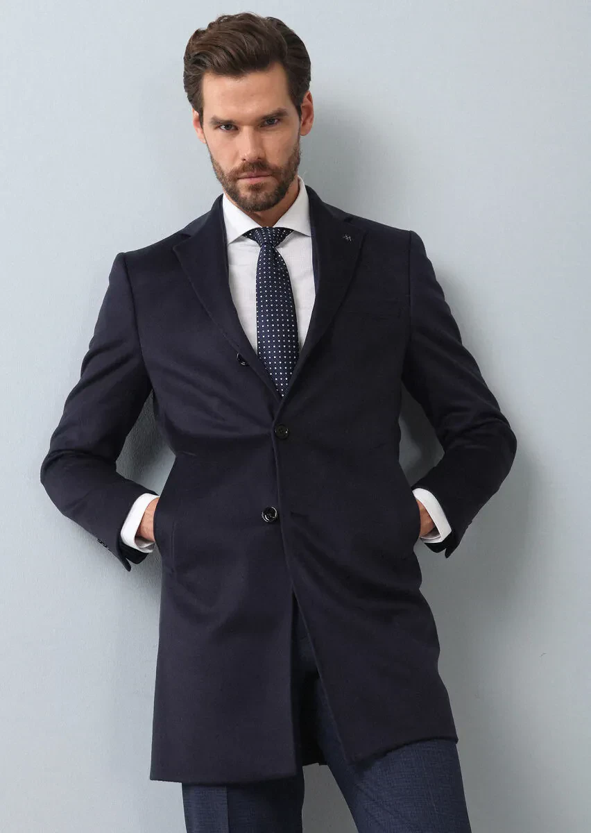 Lacivert Regular Fit Kelebek Yaka Klasik Dokuma Palto - 1