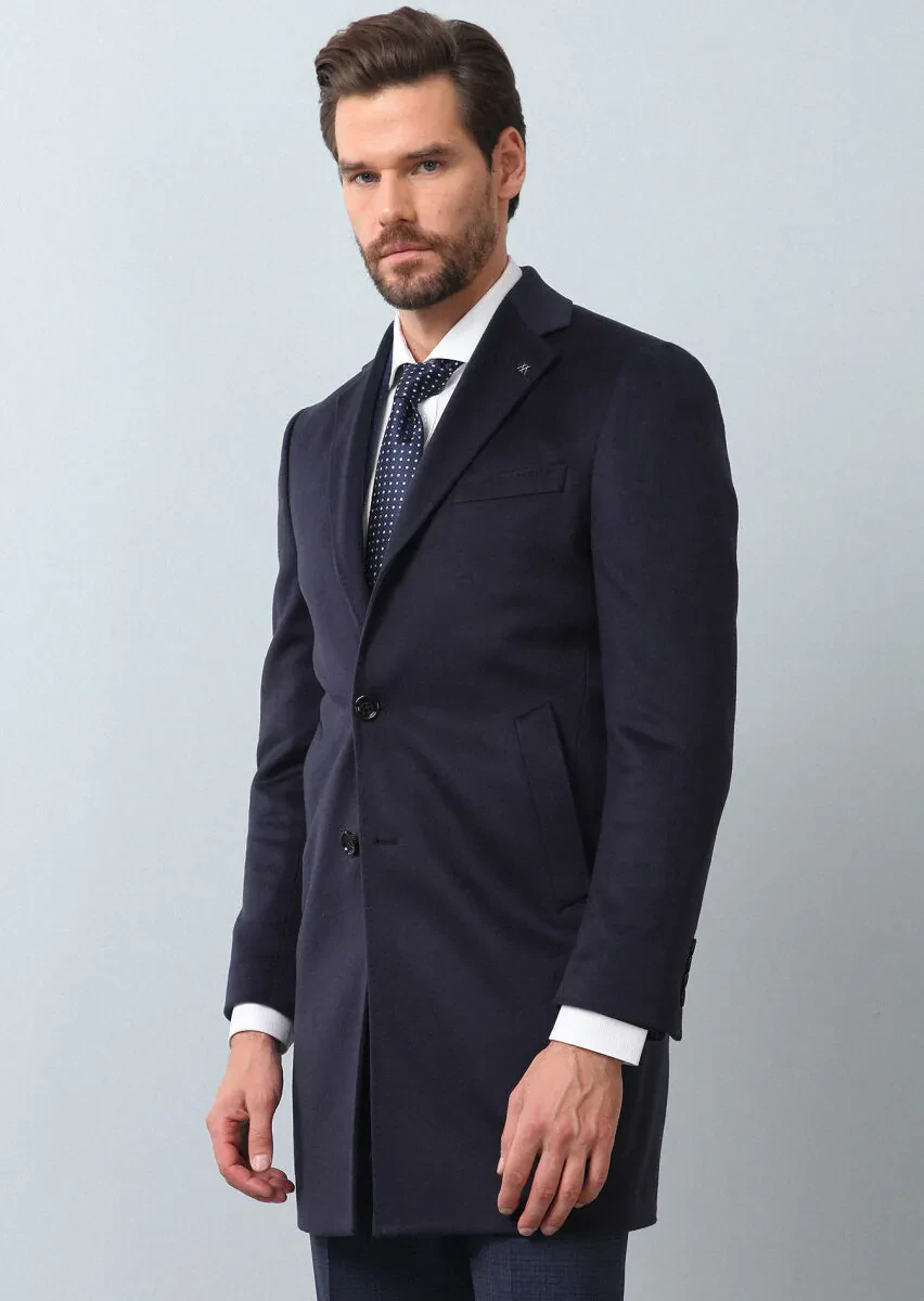 Lacivert Regular Fit Kelebek Yaka Klasik Dokuma Palto - 3