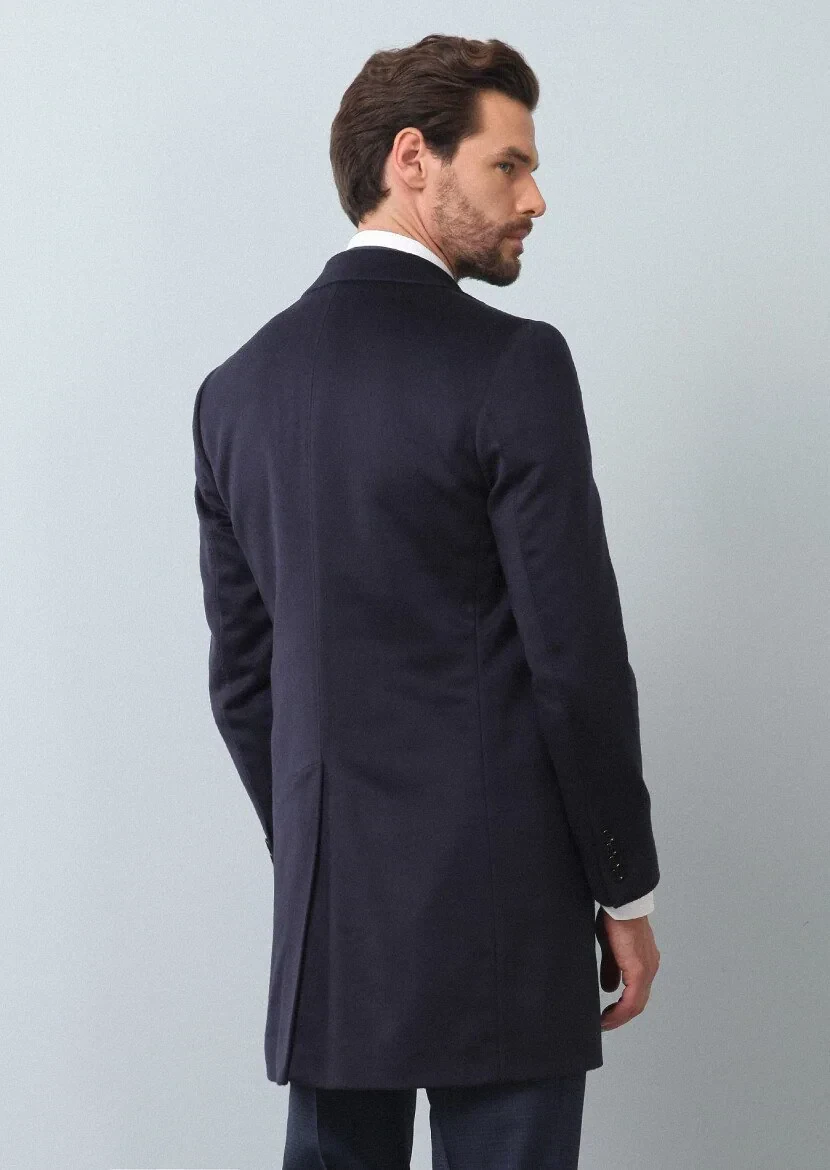 Lacivert Regular Fit Kelebek Yaka Klasik Dokuma Palto - 5