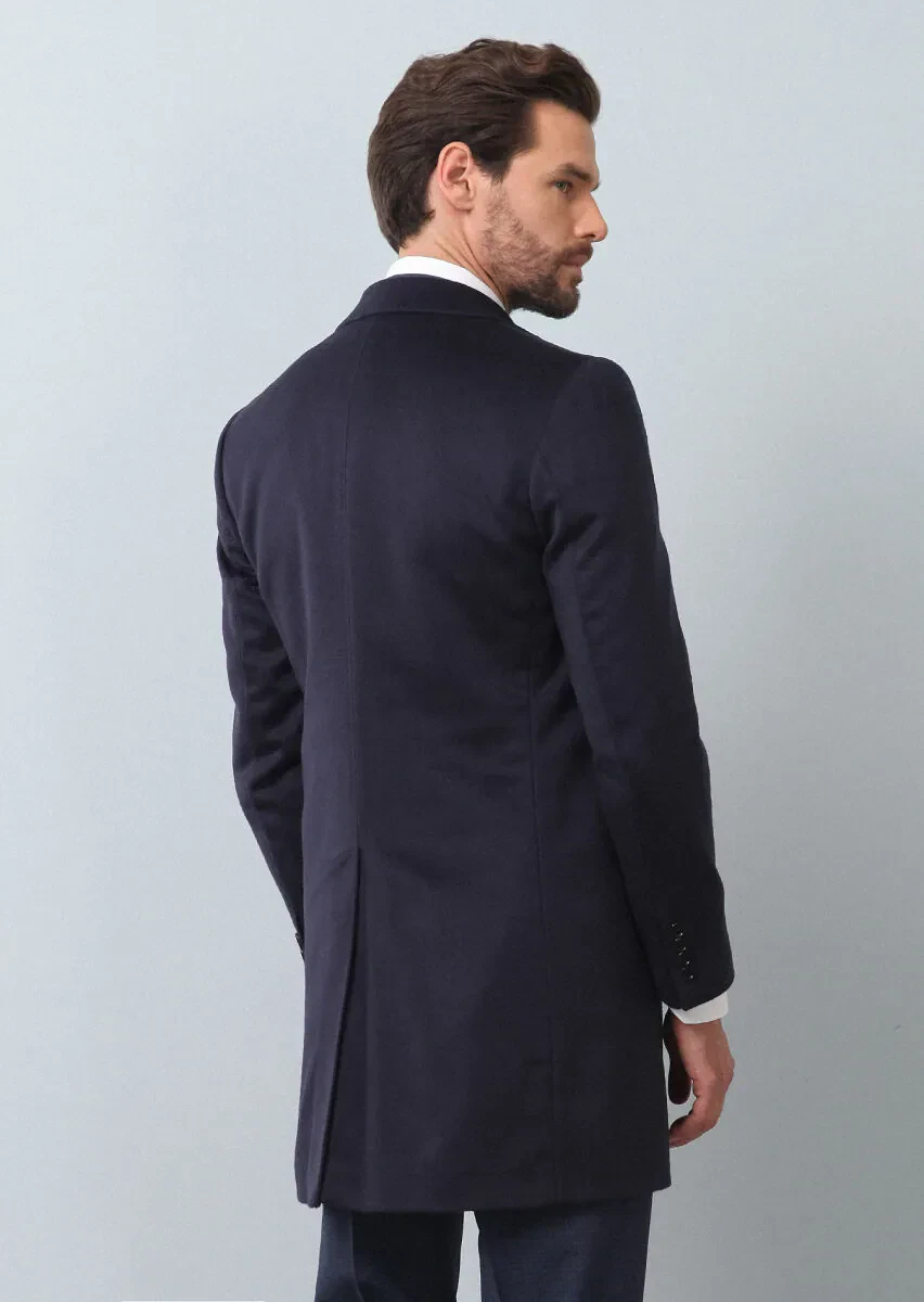 Lacivert Regular Fit Kelebek Yaka Klasik Dokuma Palto - 5