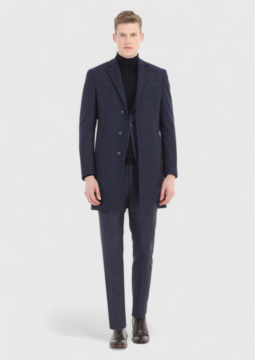 Lacivert Regular Fit Kelebek Yaka Klasik Dokuma Palto - 1