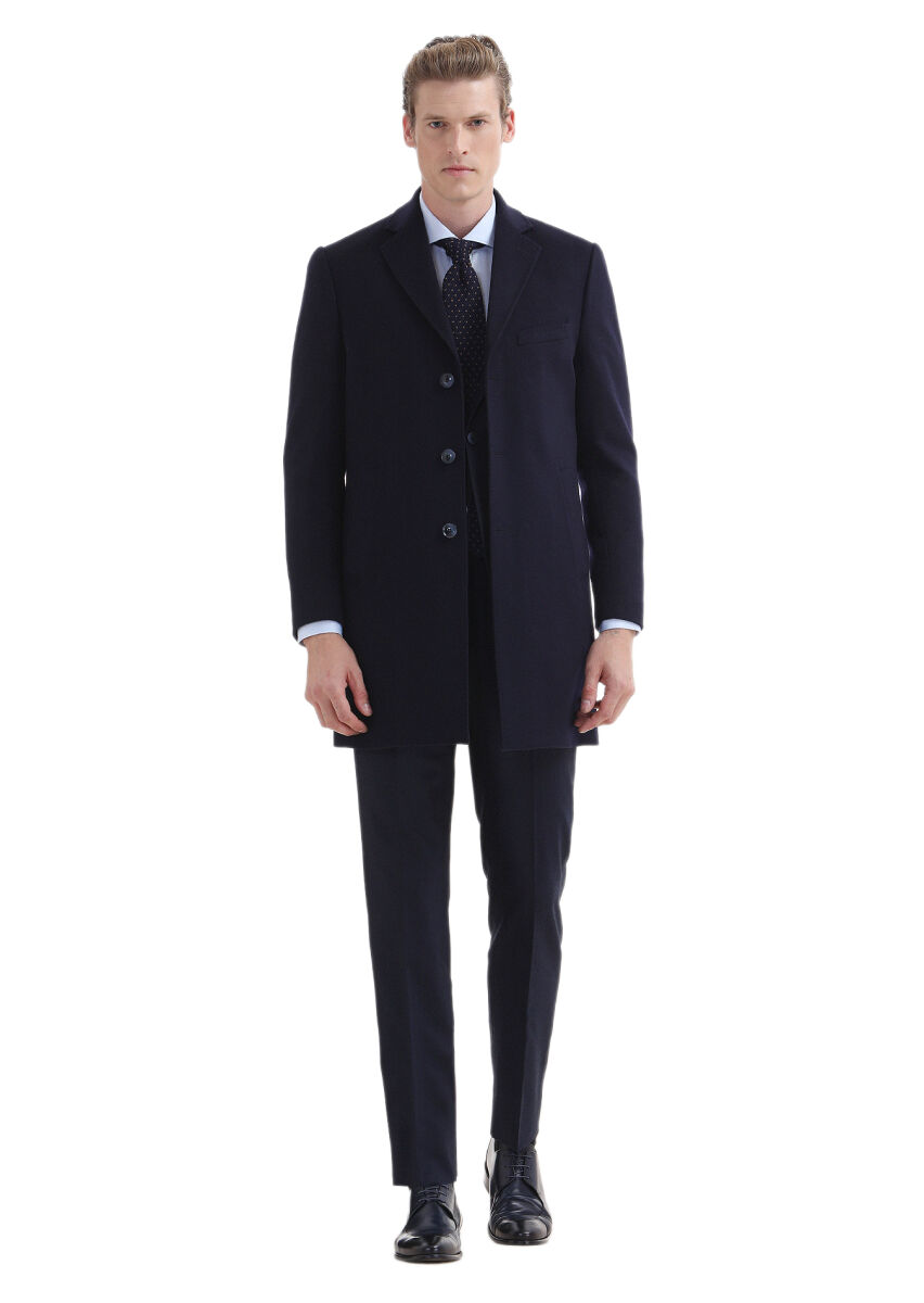 Lacivert Regular Fit Kelebek Yaka Klasik Dokuma Palto - 1