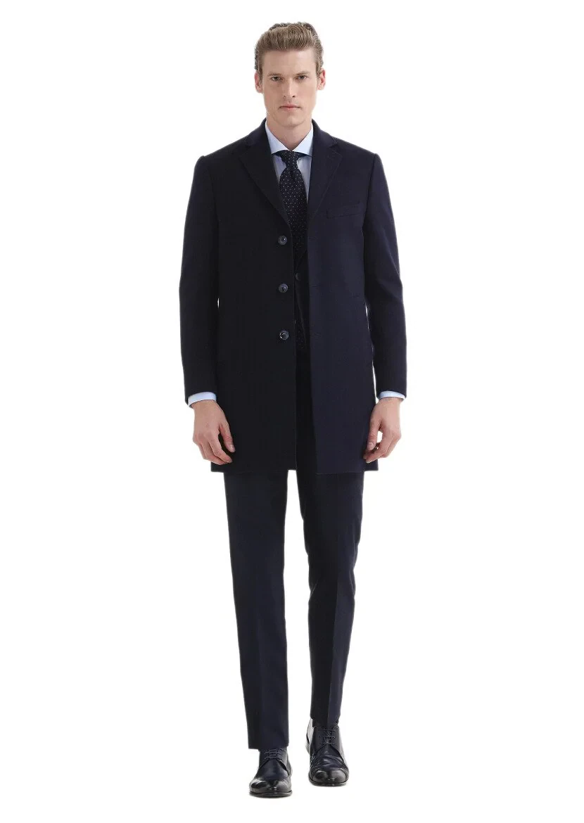 Lacivert Regular Fit Kelebek Yaka Klasik Dokuma Palto - 1