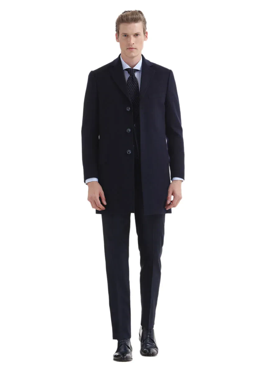 Lacivert Regular Fit Kelebek Yaka Klasik Dokuma Palto - 1
