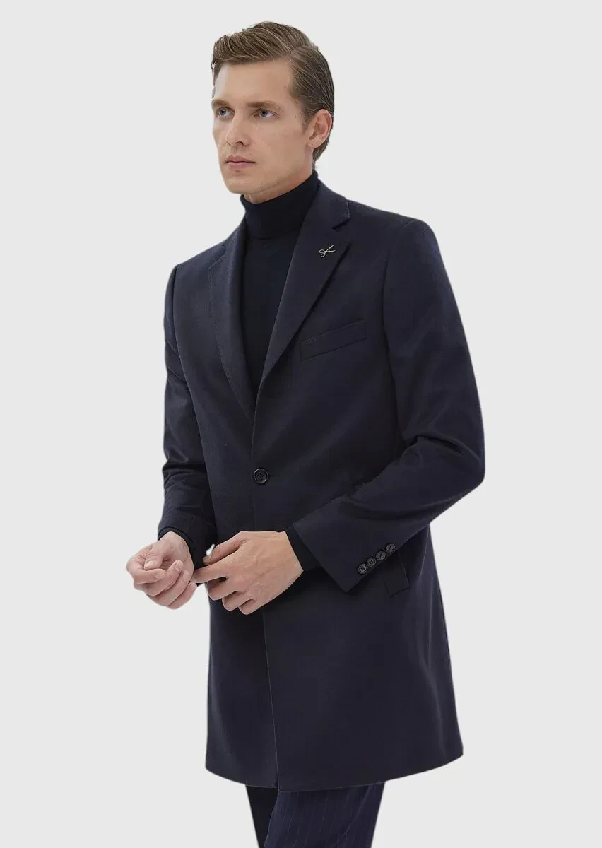 Lacivert Regular Fit Kelebek Yaka Klasik Dokuma Palto - 1