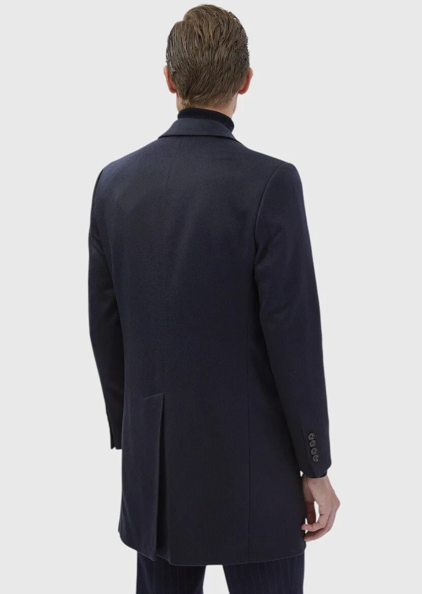 Lacivert Regular Fit Kelebek Yaka Klasik Dokuma Palto - 12