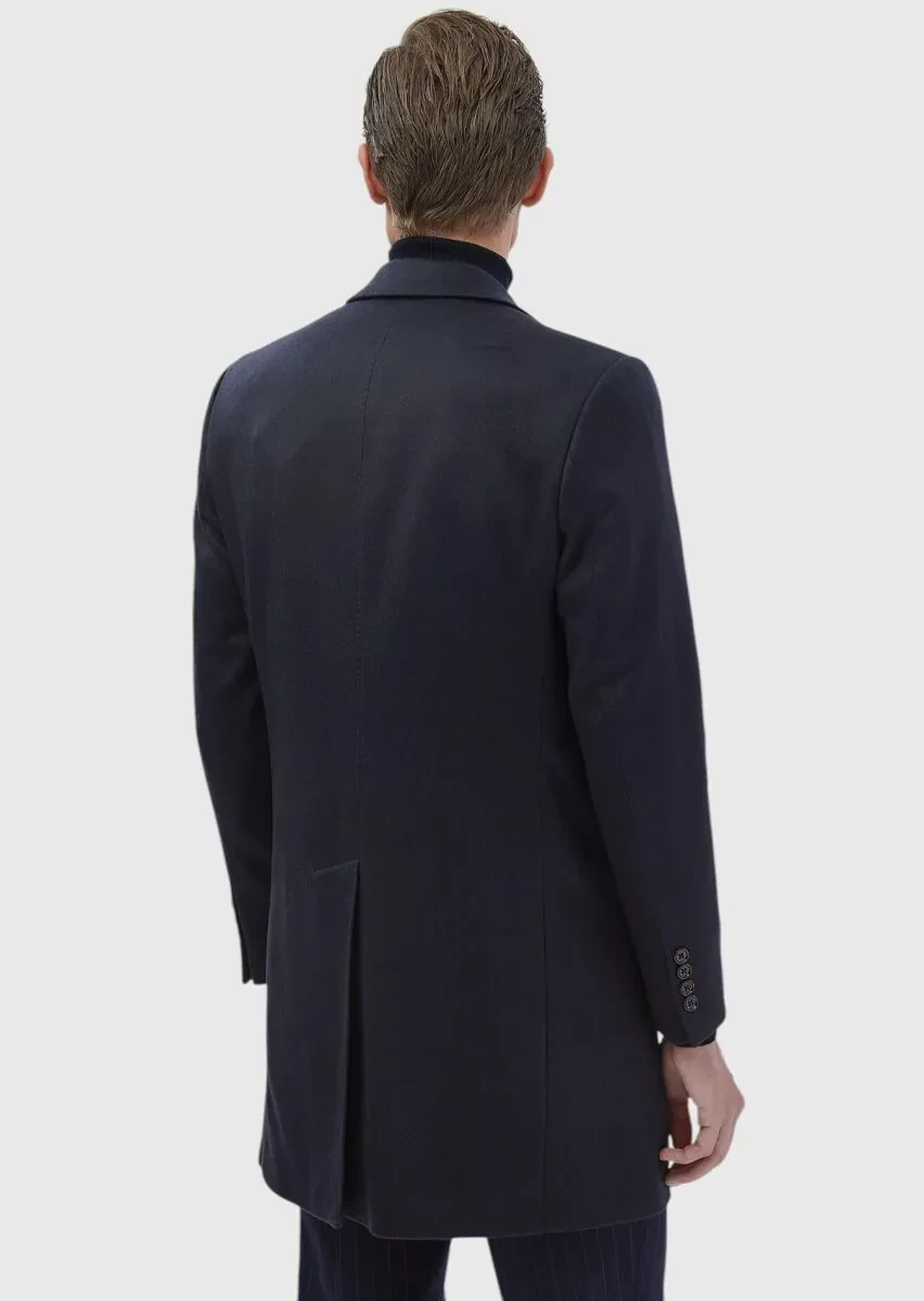 Lacivert Regular Fit Kelebek Yaka Klasik Dokuma Palto - 12