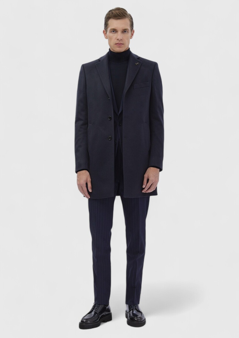 Lacivert Regular Fit Klasik Dokuma Palto - 3