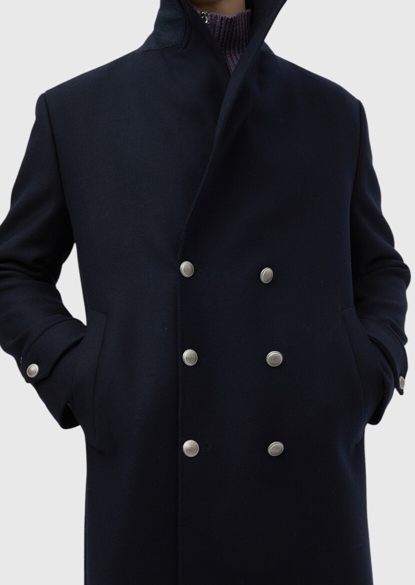 Lacivert Regular Fit Kruvaze Yaka Casual Dokuma Palto - 5