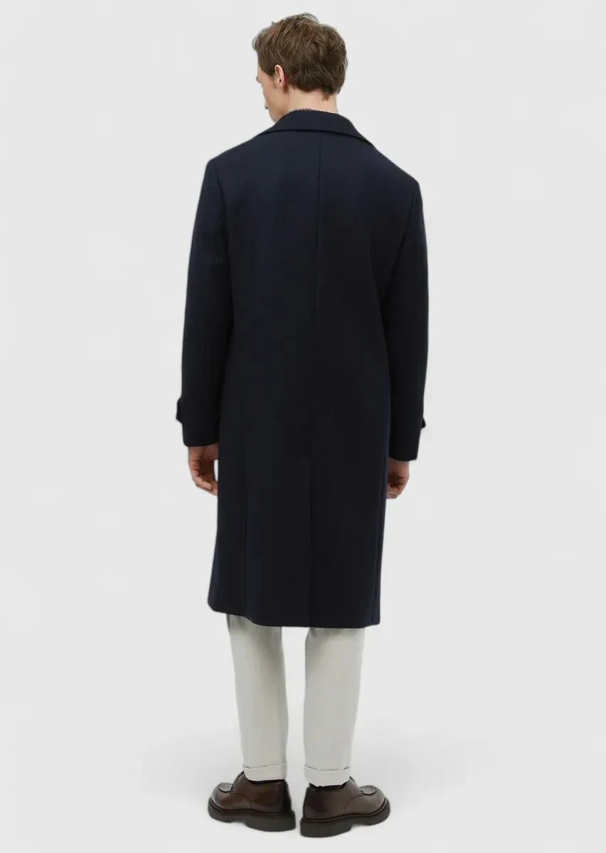 Lacivert Regular Fit Kruvaze Yaka Casual Dokuma Palto - 6