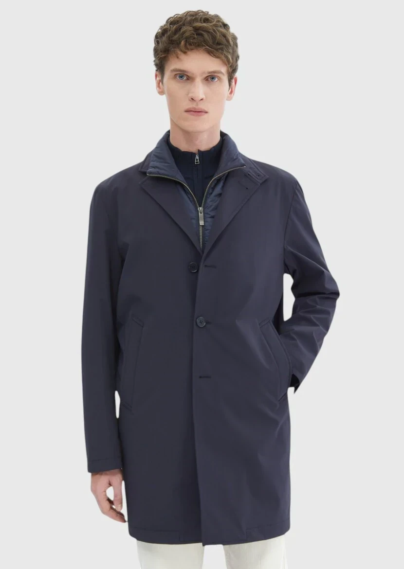 Lacivert Regular Fit Kruvaze Yaka Casual Dokuma Pardesü - 1