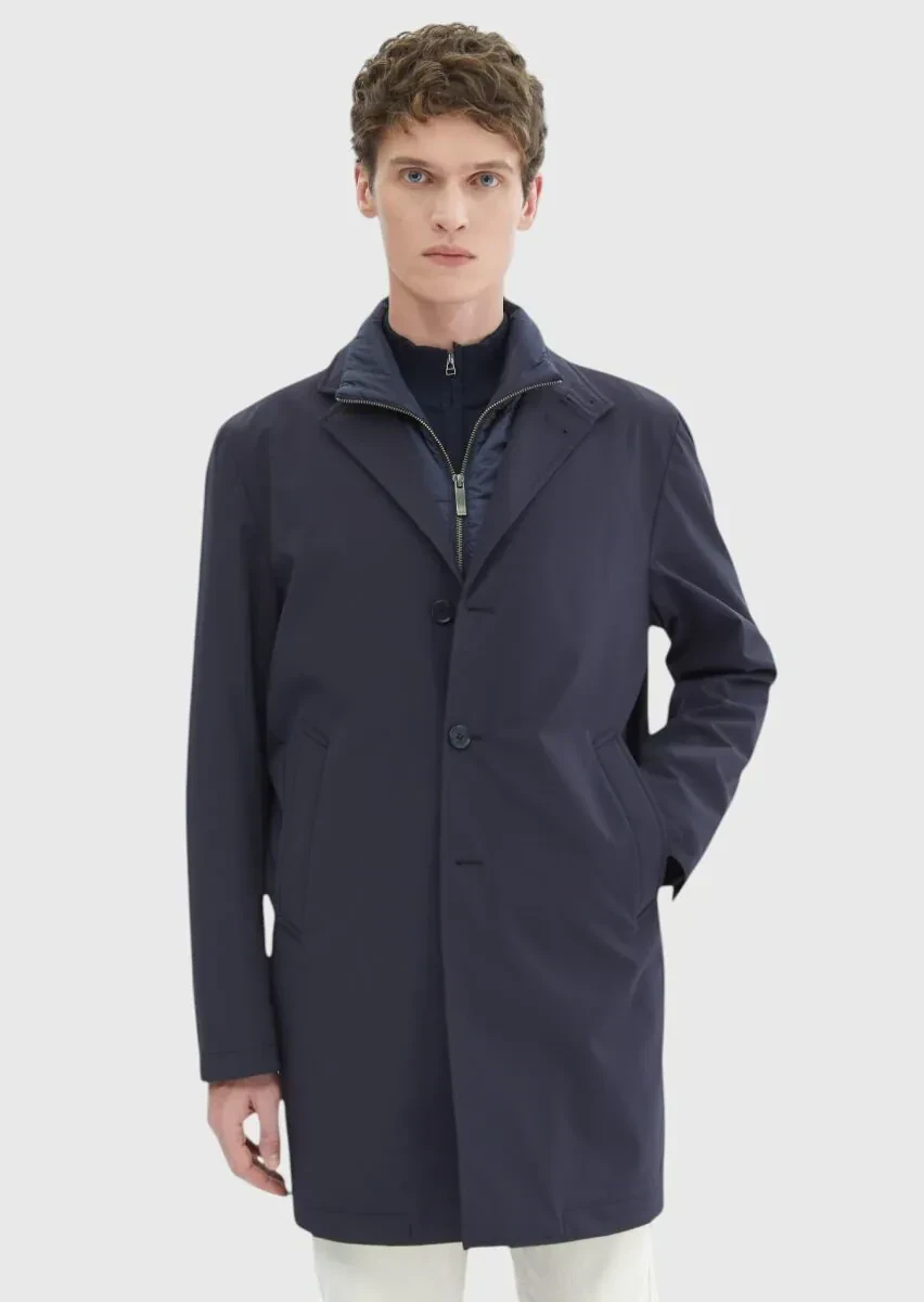 Lacivert Regular Fit Kruvaze Yaka Casual Dokuma Pardesü - 1