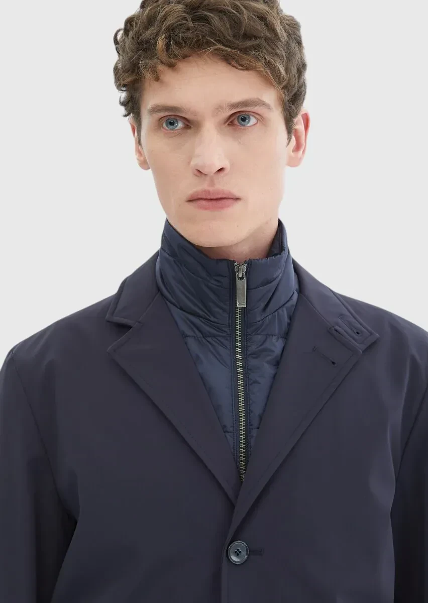 Lacivert Regular Fit Kruvaze Yaka Casual Dokuma Pardesü - 3