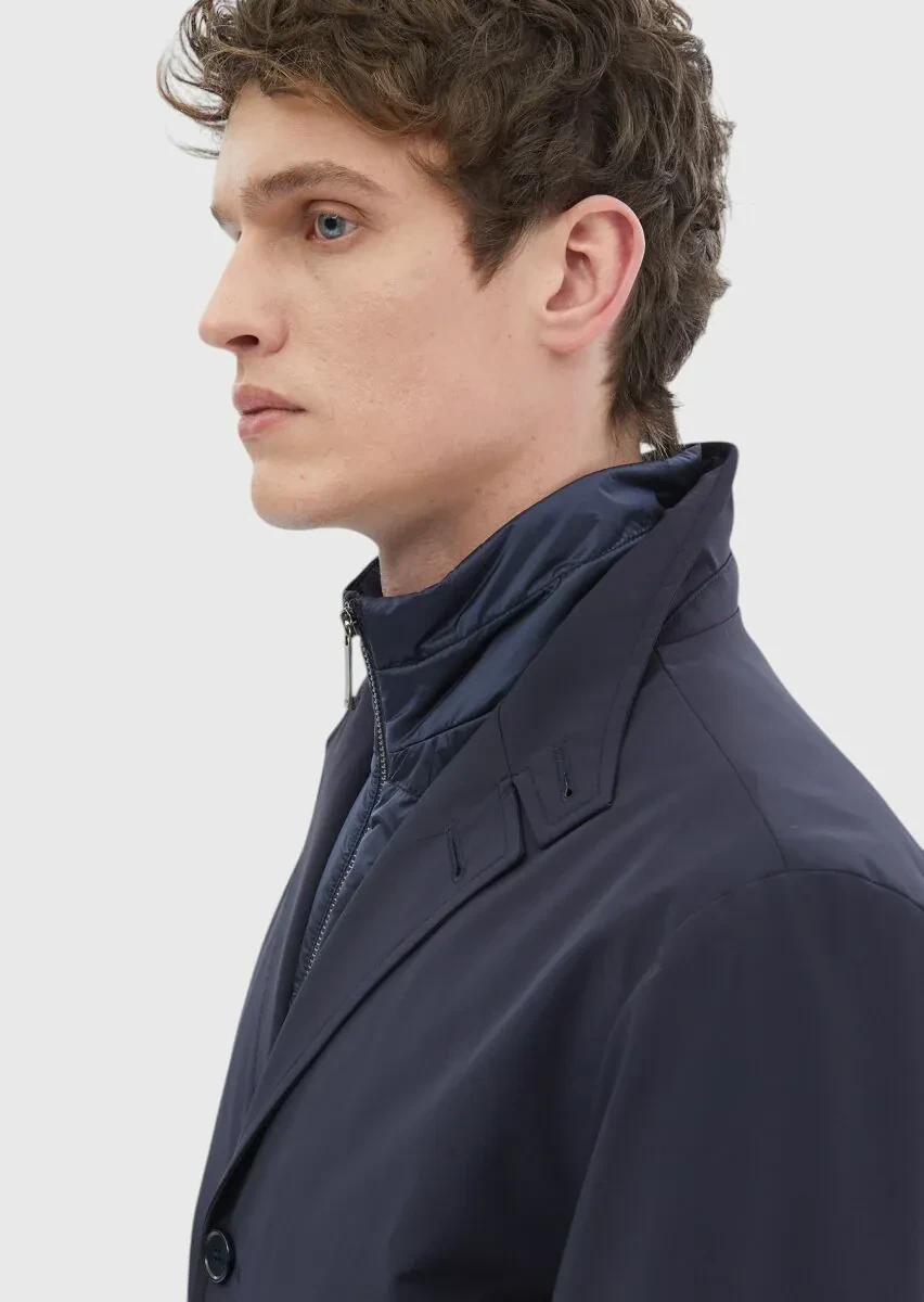 Lacivert Regular Fit Kruvaze Yaka Casual Dokuma Pardesü - 4