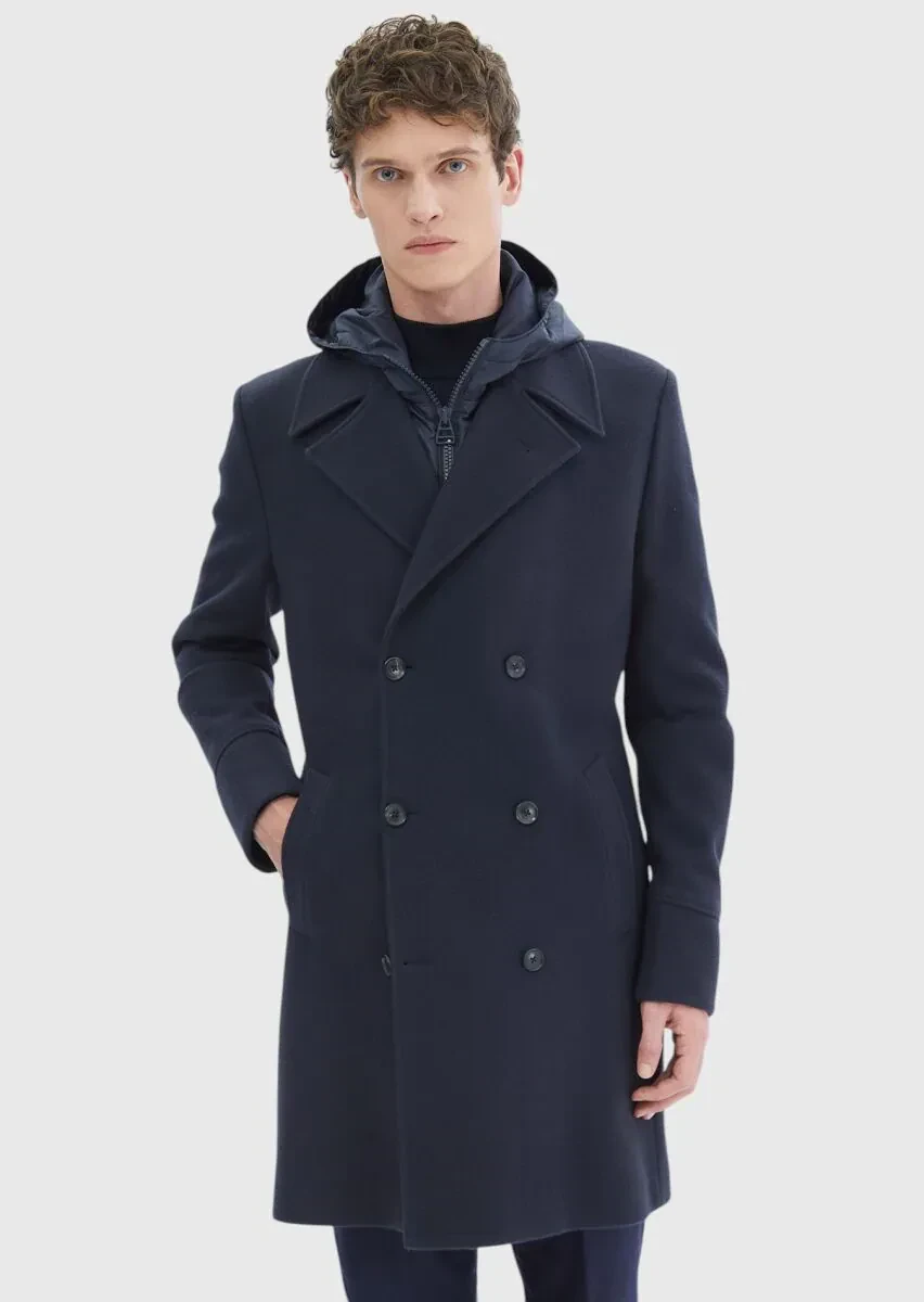 Lacivert Regular Fit Kruvaze Yaka Casual Örme Palto - 1
