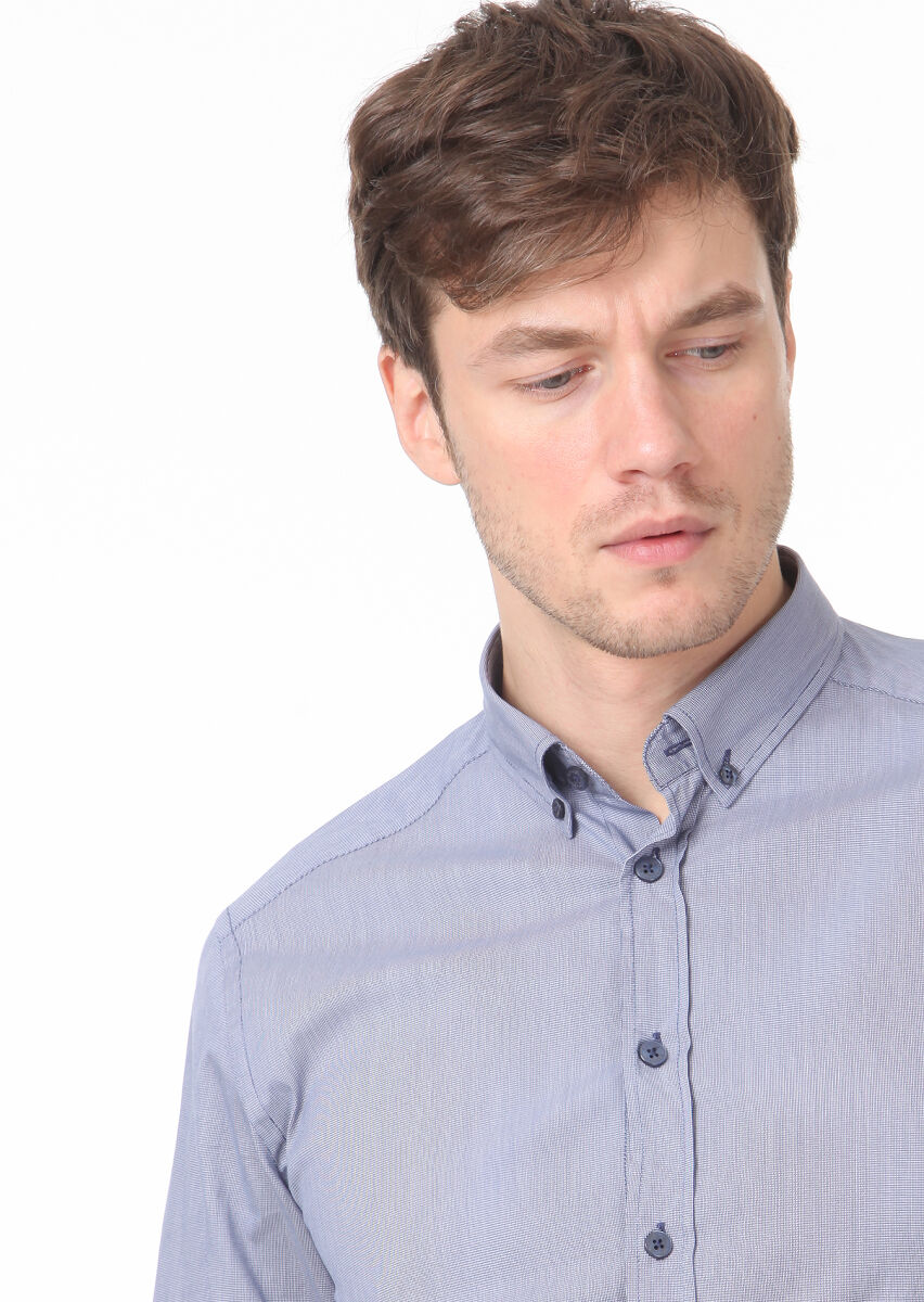 Lacivert Regular Fit Uzun Dokuma Casual %100 Pamuk Gömlek - 2