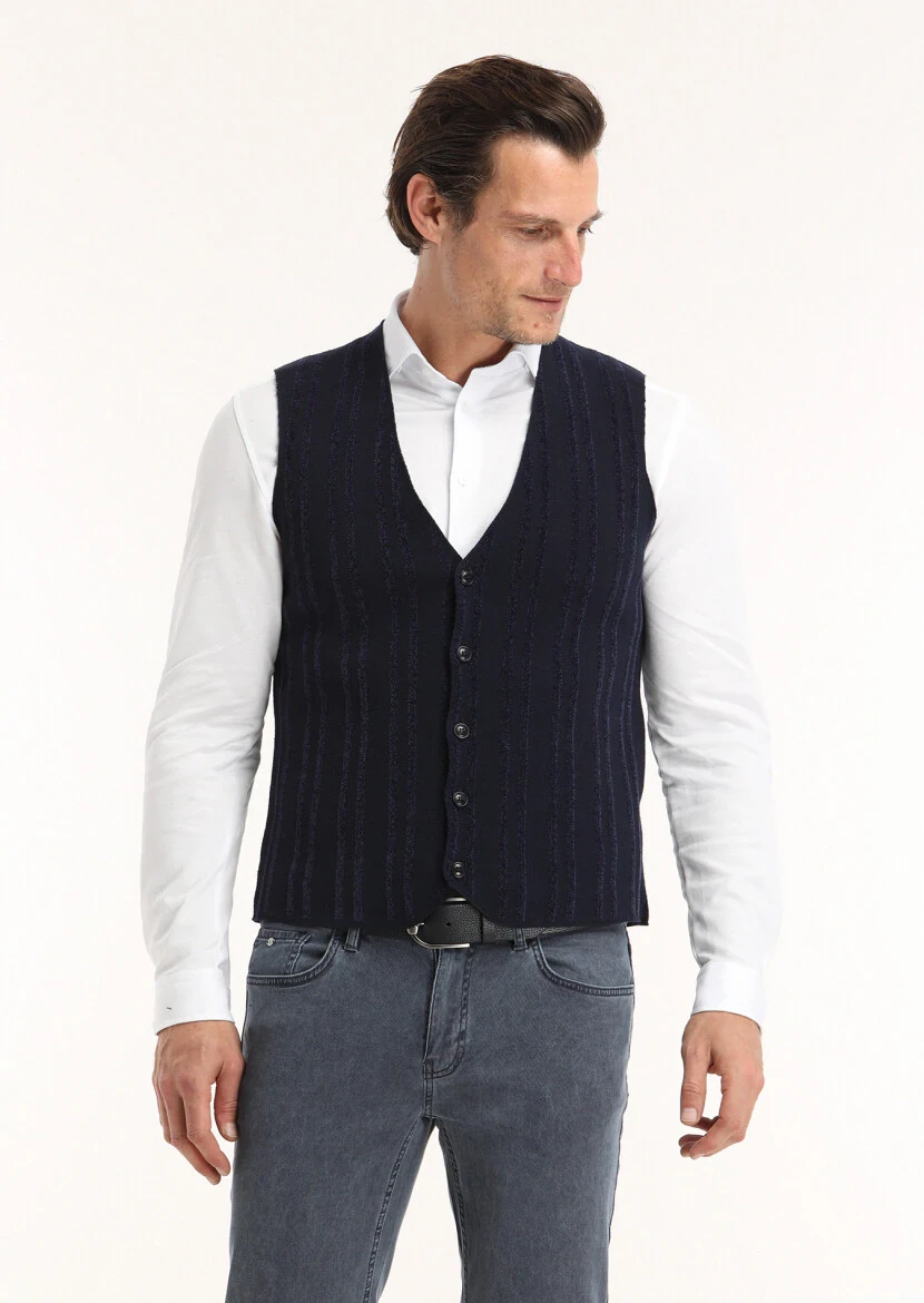 Lacivert Regular Fit V Yaka Casual Örme Triko Yelek - 2