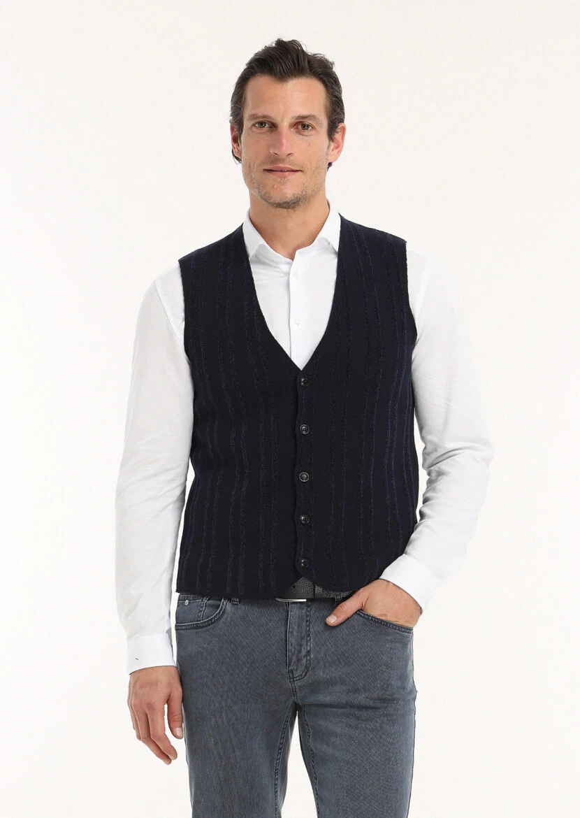 Lacivert Regular Fit V Yaka Casual Örme Triko Yelek - 4