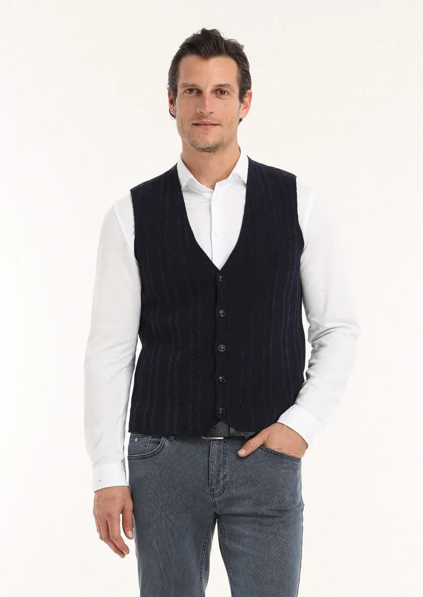 Lacivert Regular Fit V Yaka Casual Örme Triko Yelek - 4
