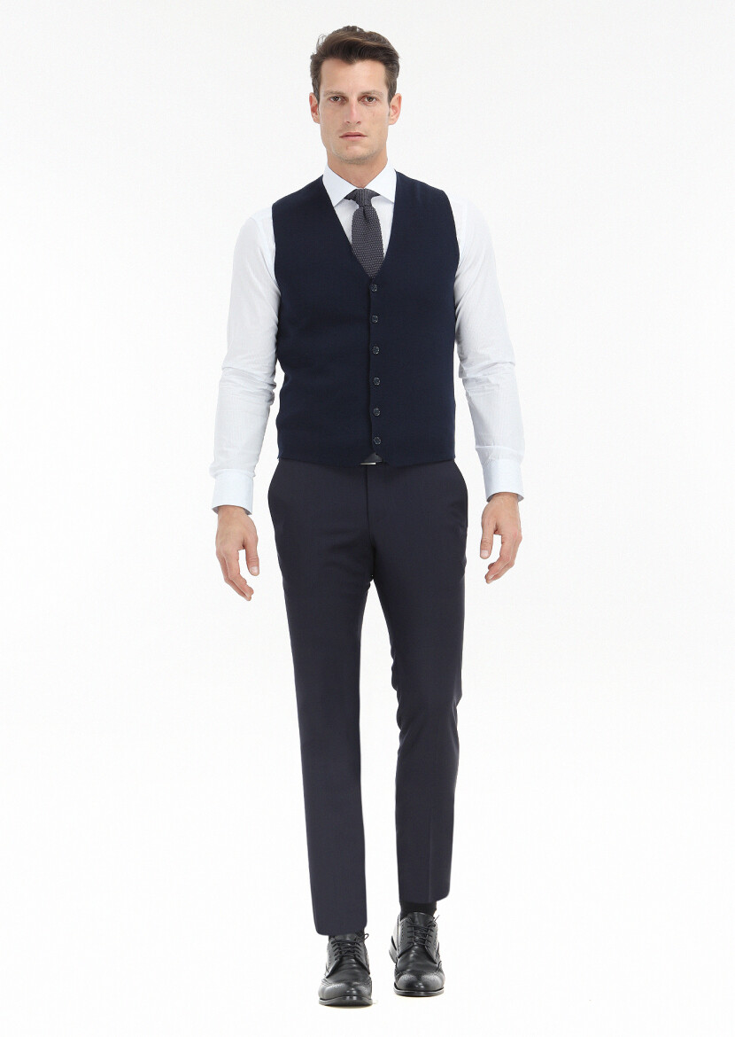 Lacivert Regular Fit V Yaka Casual Örme Triko Yelek 