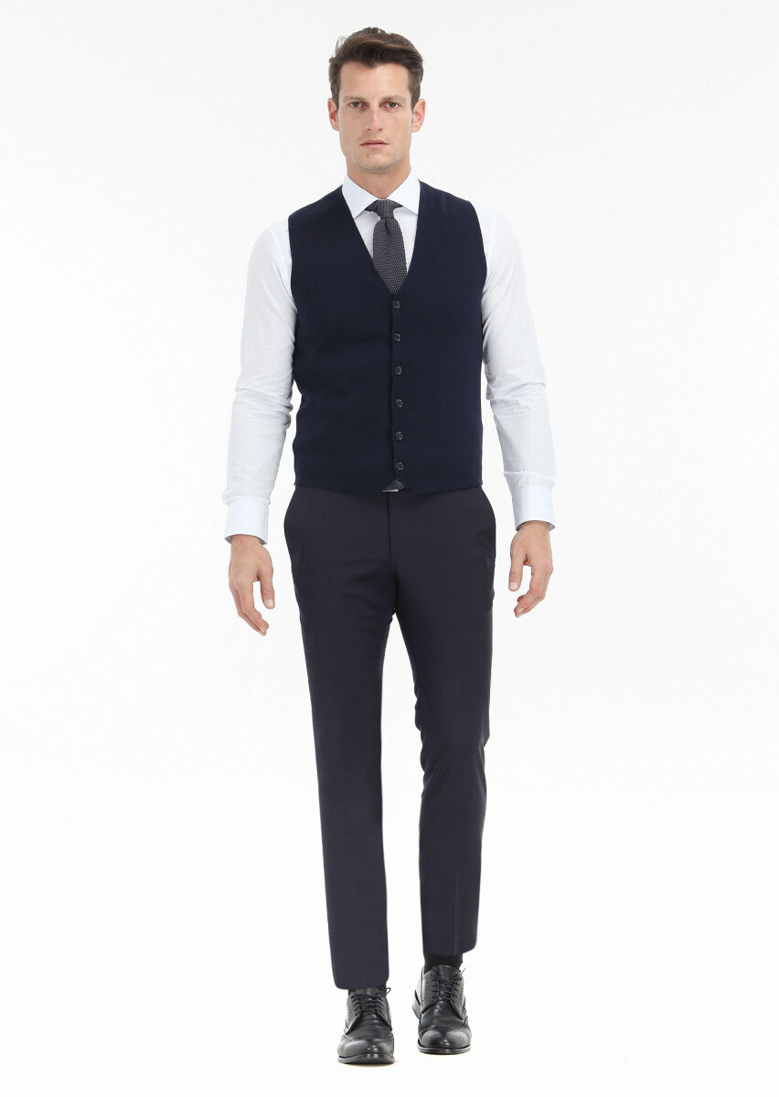 Lacivert Regular Fit V Yaka Casual Örme Triko Yelek - 2