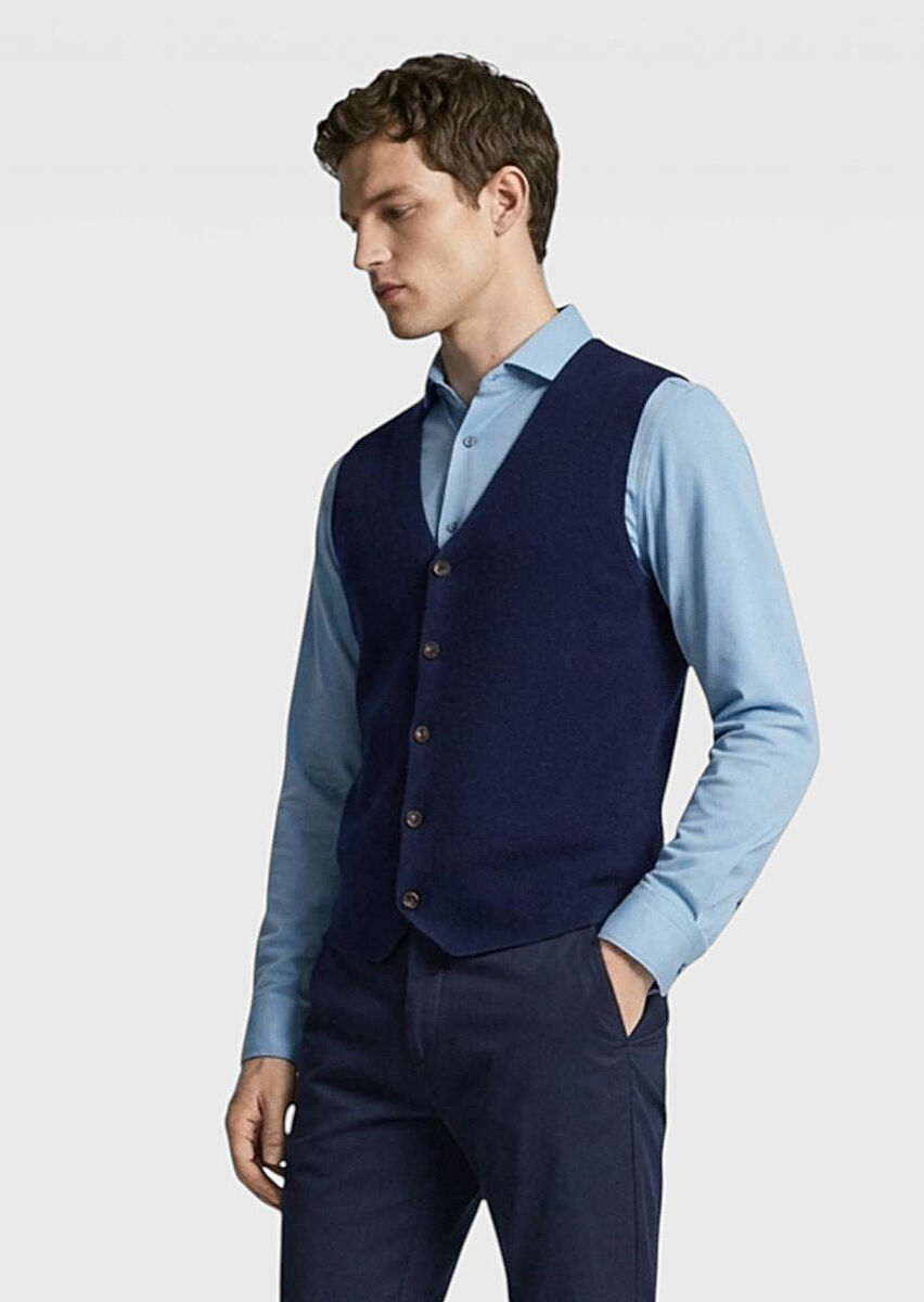 Lacivert Regular Fit V Yaka Casual Örme Triko Yelek - 1