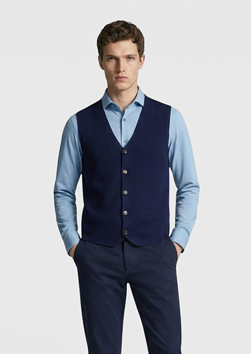 Lacivert Regular Fit V Yaka Casual Örme Triko Yelek 